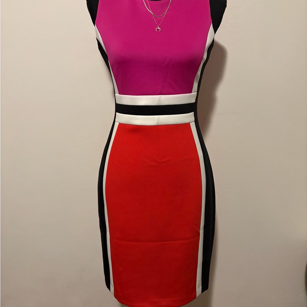 Calvin Klein Pink and Red Colorblock Midi Dress